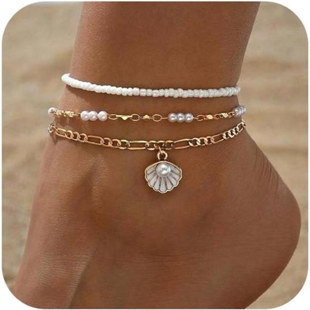 Bead Ankle Bracelets Set For Women, Adjustable Gold Boho Shell Anklet, Hawaiian